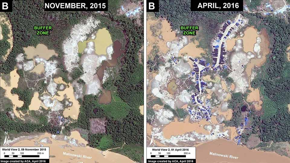 Illegal gold mines are monitored in the Peruvian rainforest. Image credit: Monitoring of the Andean Amazon Project.