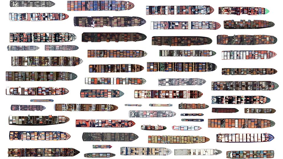 Collections of container ships extracted from satellite imagery by artist Jenny Odell. Image credit: Jenny Odell